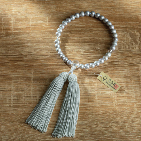 【念珠】グレー淡水真珠 片手8mm 水晶仕立 本絹頭房 SN004