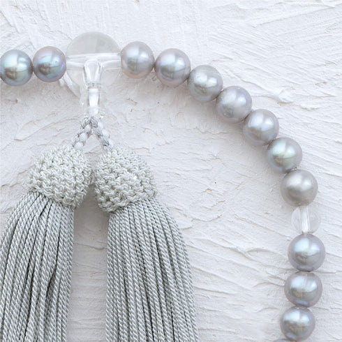 【念珠】グレー淡水真珠 片手8mm 水晶仕立 本絹頭房 SN004