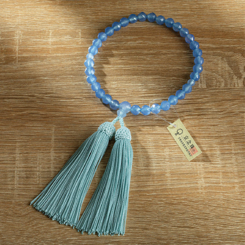 【念珠】ブルーカルセドニージュエリーカット 片手8mm 共仕立 本絹頭房 SN007