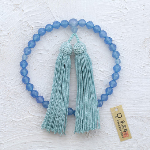 【念珠】ブルーカルセドニージュエリーカット 片手8mm 共仕立 本絹頭房 SN007