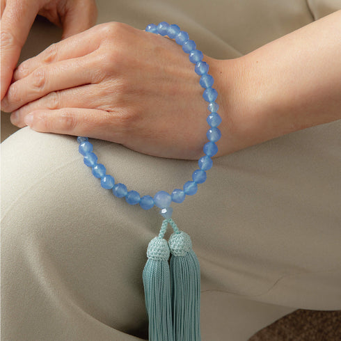 【念珠】ブルーカルセドニージュエリーカット 片手8mm 共仕立 本絹頭房 SN007