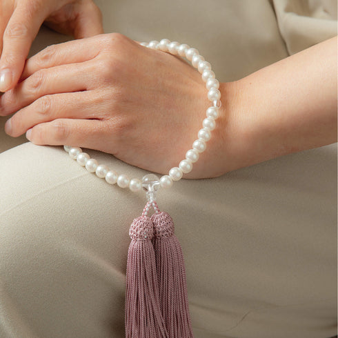 【念珠】再生パール片手7mm P仕立 人絹頭房灰桜 SN010